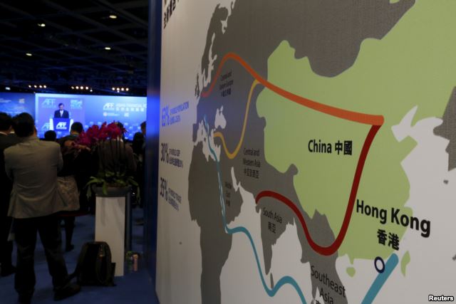 FILE - A map illustrating China's silk road economic belt and the 21st century maritime silk road, or the so-called "One Belt, One Road" megaproject, is displayed at the Asian Financial Forum in Hong Kong, China Jan. 18, 2016. / Photo Source: VoA