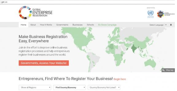 The homepage of the Global Entreprise Registration Portal (GER.co), a joint initiative of the United Nations Conference on Trade and Development (UNCTAD), the Kauffman Foundation’s Global Entrepreneurship Network (GEN), and the U.S. Department of State (DOS). [GER.co website] 