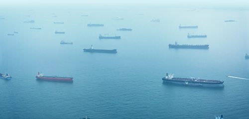 Aerial Shot of Commercial Ships at Anchor off Singapore
