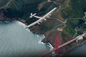 Solar Impulse 2 flies over the Golden Gate Bridge in San Francisco at the end of its journey from Hawaii, part of its attempt to circumnavigate the globe. Photo:AP/Noah Berger