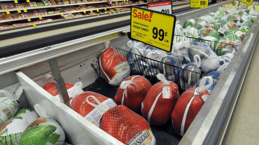 Frozen turkeys are likely to be much less expensive than fresh birds this Thanksgiving. (Associated Press)